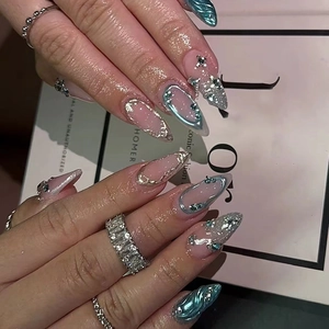 Press On Nails Almond Long Fake Nails With Rhinestones Gradient Pink Blue 3D Metallic Line ABS Plastic Detachable For Women