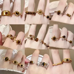Retro Tiger Eye Stone Rings Vintage Gold Plated Open Adjustable Band Beaded Jewelry For Women Artistic Design