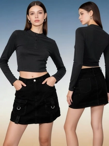 Front and back view of a high waist black denim mini skirt with utility cargo pockets