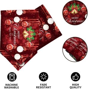 Detail of Christmas table runner showing festive ball patterns and machine washable icon