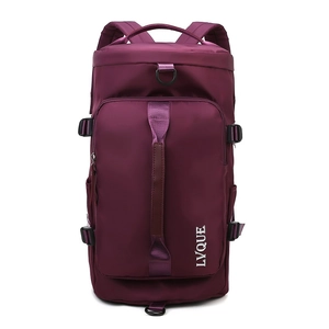 Versatile burgundy nylon travel backpack with large capacity and multi-functional handles