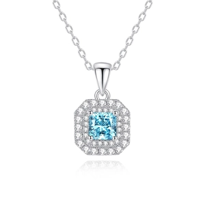 Classic 925 sterling silver necklace with a square sea blue zircon pendant for women
