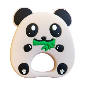 Close-up of a panda silicone baby teether with a green bamboo design and easy-grip hole