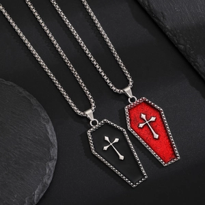 Gothic coffin pendant necklace with silver cross on dark slate in red and black colors
