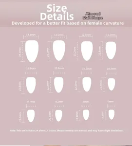 Size chart showing 24pcs of almond-shaped gradient press-on nails in 12 precise dimensions