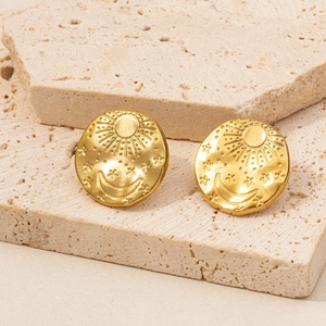 304 stainless steel gold earrings with embossed sun and moon celestial design