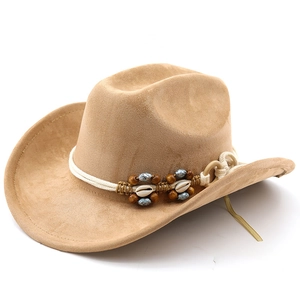 Detail of western cowboy hat with white woven rope, wooden beads and natural shells