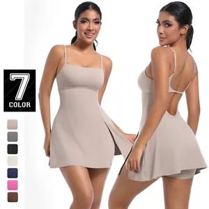 Women Tennis Dress With Built-in Shorts Backless Athletic Workout Mini Skirt Square Neck Side Slit Nylon Spandex Golf