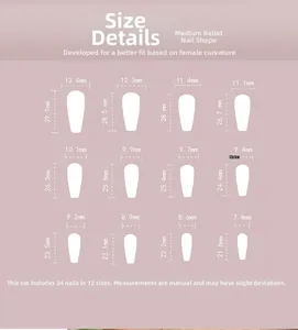 Guide des tailles pour faux ongles ballerine moyenne avec 12 tailles et 24 pièces au total