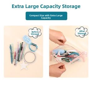 Clear PVC pencil case with pink zipper showing large storage capacity and organization