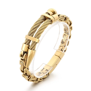 Gold stainless steel Byzantine chain bracelet with double-strand woven cable design