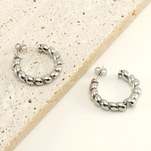 Silver twisted rope design hoop earrings in titanium steel with 18K stainless finish