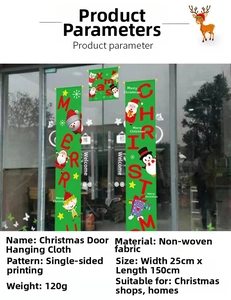 Detailed view of green Merry Christmas door banners with festive Santa and snowman prints