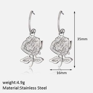 Detailed view of silver rose earrings with size 35mm by 16mm and stainless steel material