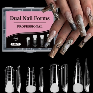 Macro detail of 96 professional dual nail forms with scale lines for UV gel extension