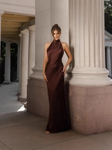 Elegant dark brown satin halter neck maxi dress featuring a slim fit and silky finish