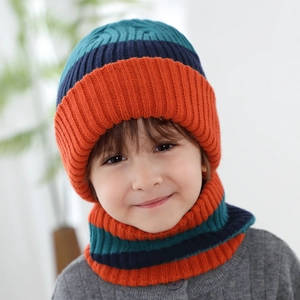 Kids' winter knit hat and scarf set with orange, navy, and teal stripes in soft texture