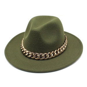 Detail of dark green felt fedora featuring a bold gold metal chain band decoration