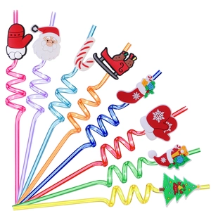 Set of 8 colorful Christmas spiral drinking straws with festive silicone cartoon charms