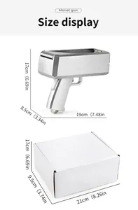 Detailed size chart for the golden money gun and packaging box with precise dimensions