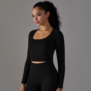 Close-up of black waffle texture fabric on high-elastic seamless yoga long sleeve top