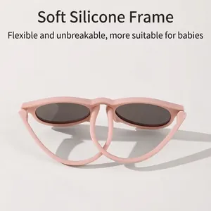Pink flexible silicone frame baby sunglasses with polarized UV protection round lenses