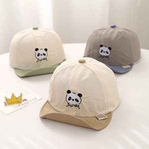 Three embroidered panda baby baseball caps with soft brims in beige, gray, and blue colors