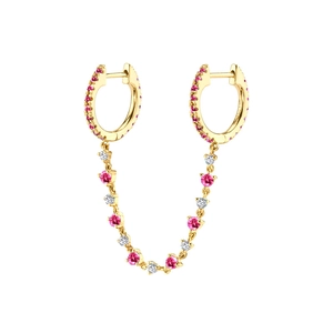 Detailed view of gold double hoop earrings with pink zircons and connected link chain