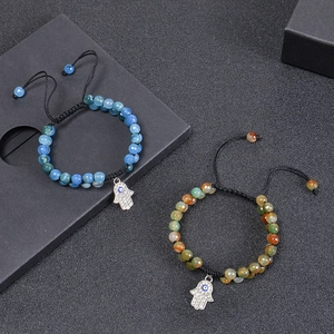 Hamsa Hand and Evil Eye woven beaded bracelets with natural stones and adjustable cords