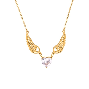 Angel Wings Heart Pendant Necklace Gold Titanium Steel Zircon Romantic Elegant Fashion Jewelry For Women
