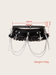 Detail of punk belt with metal chains, star charms and lace trim on 100cm black leather