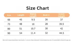 Size chart for cotton baby romper detailing length, chest, and sleeve measurements