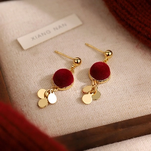Elegant red flocked ball earrings with gold round sequins and silver needles for women