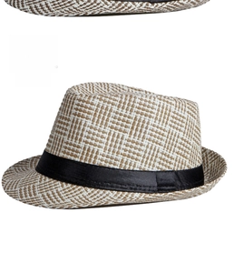 Close-up of khaki woven fedora featuring fine texture and a classic black ribbon band