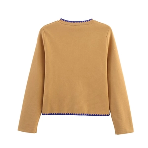 Fashionable camel knit sweater featuring contrasting blue zigzag stitching on the back view