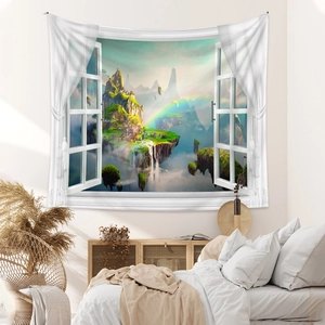 Detail view of 3D window bohemian tapestry featuring floating mountains and waterfalls