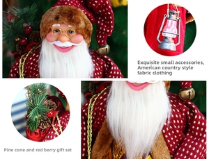 Detail of 24-inch Santa doll with glasses, white beard, lantern, and pinecone gift bag