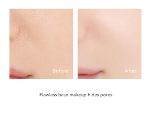 Detailed before and after comparison showing mushroom head CC cream hiding pores flawlessly