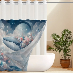 Detail of waterproof polyester shower curtain with blue whale and floral art pattern