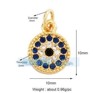 Macro detail of gold Evil Eye charm with 10mm diameter and 2mm thickness dimensions