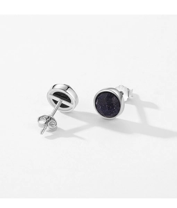 Macro detail of S925 sterling silver stud earrings featuring blue sandstone inlay