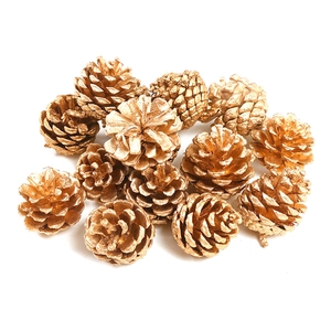 Detailed overhead view of small golden pine cones for Christmas DIY holiday decorations