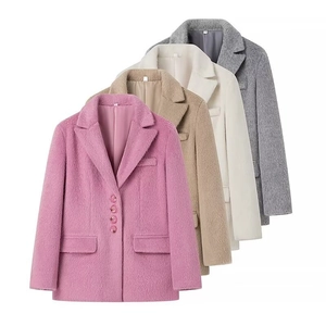 Detail showing plush fabric textures of women's coats in pink, khaki, cream, and grey
