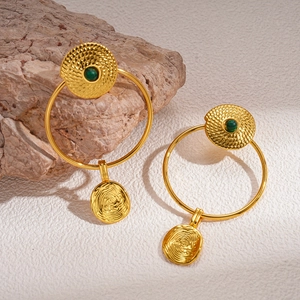 24K gold plated hoop earrings with green malachite stone and lava texture pendants