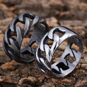 Stainless Steel Hollow Cuban Link Ring For Men Women Punk Hip Hop Gothic Industrial Wide Band Vintage Jewelry