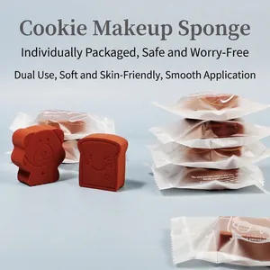 Cookie-shaped makeup sponge set with bear and toast designs in clear individual packaging