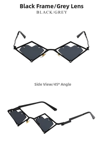 Detail of hip hop heart sunglasses with black metal frame and grey irregular lenses