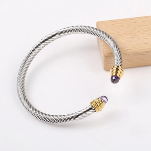Detailed macro view of the twisted cable silver bracelet with gold ends and purple gems