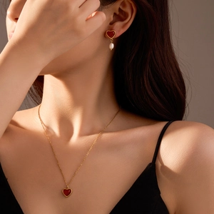 Heart Necklace And Earrings Stainless Steel Red Agate Pendant Artificial Pearl Drop Jewelry With 925 Sterling Silver Earring Post Vintage