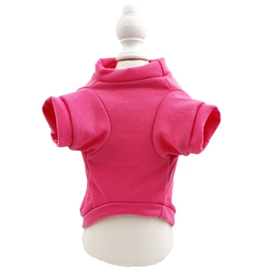 Detailed back view of a pink knitted cotton pet t-shirt on a white dog mannequin stand